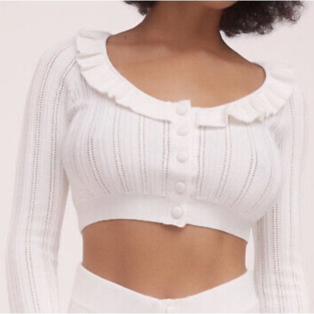 White Ruffled Knit Crop Top - Picture 5 of 7